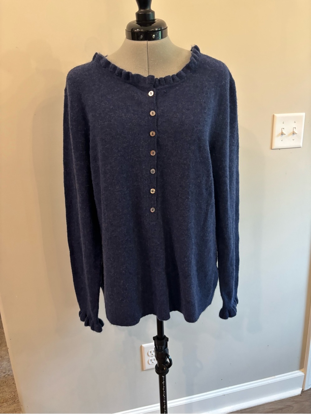 Sundance Navy Ruffle-Trim Button Pullover  Sweater0162